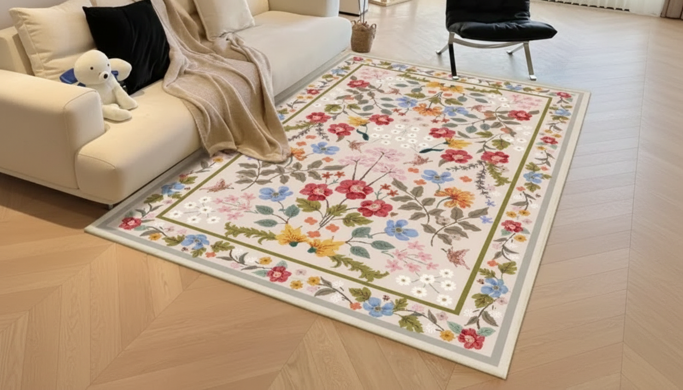 Washable Pastoral Floral Rug with Non-Slip Backing