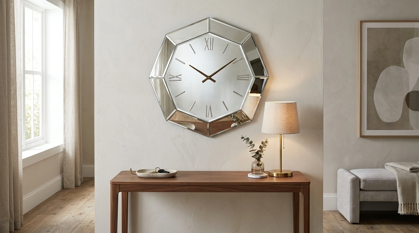 Beveled Mirror Wall Clock: Irregular Shape, Silent Quartz